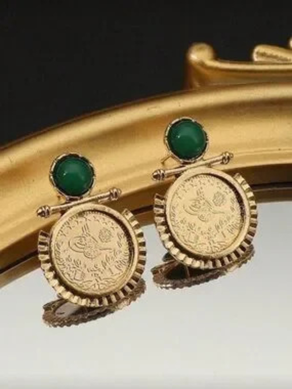 Gold Coin Drop Earrings with Green Cabochon